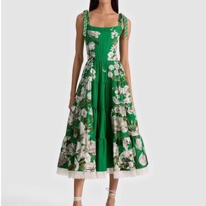 Alice + Olivia Green Floral Tie-Shoulder Midi Dress